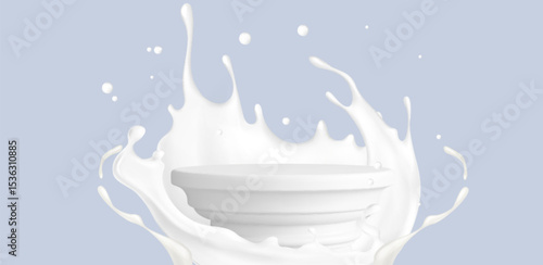 White milk wave splash surrounding circular column podium on blue background. Creamy liquid crown with drops for dairy display. Fresh beverage presentation platform for product advertising design.
