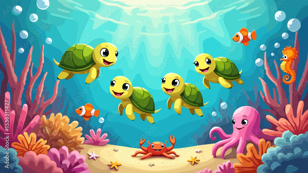 Naklejka premium Ocean Life Under the Sea - Colorful Marine Wildlife Illustration