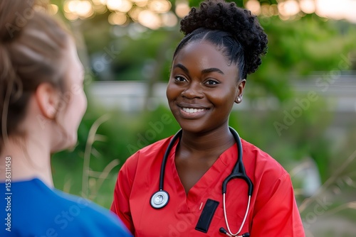 A woman in a red scrubs is smiling at another woman