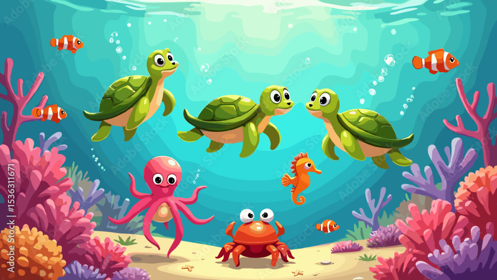 Fototapeta premium Ocean Life Under the Sea - Colorful Marine Wildlife Illustration