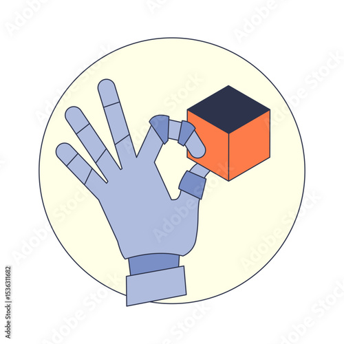 A flat illustration of a robotic hand precisely grasping a small orange cube. This icon symbolizes automation, AI, and technological advancement in manufacturing and engineering.