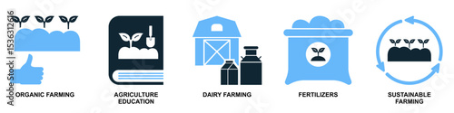 Set agriculture farming icon vector for various aspects of cultivation, livestock, and rural life. Ideal for agricultural businesses, food production, and sustainable development themes.