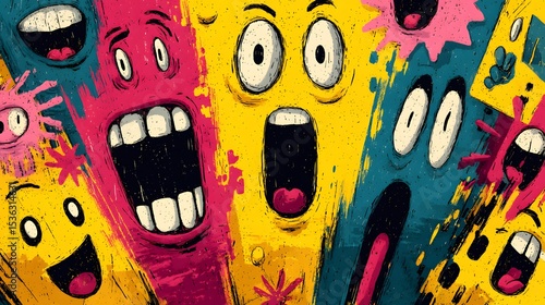 Expressive emotional cartoon faces artwork with a unique and vibrant style
