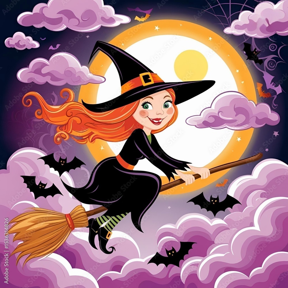 A cute little witch is riding a broom in the sky. Cartoon illustrations A cute little witch is riding a broom in the sky. Cartoon illustrations