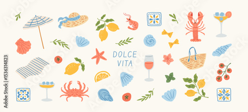 Summer mediterranean vacation illustration set. Italian vibe elements. Hand drawn lemons, seafood, lobster, cocktail, pasta, tomato, tile. Coastal collection for card, prints, wedding invitation.