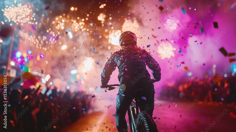 Fototapeta premium Exciting Nighttime Mountain Biker in Colorful Confetti Celebration at Festive Event with Fireworks Display