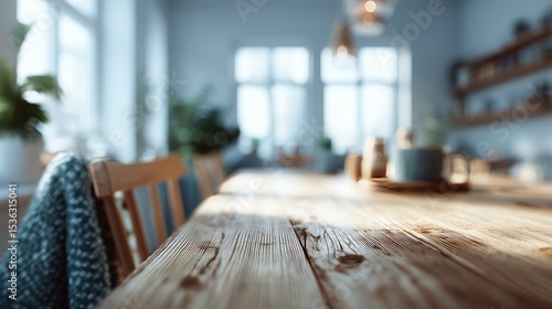 Sunlit dining room highlighting a rustic wooden table, surrounded by chairs, creates a warm and inviting home atmosphere.