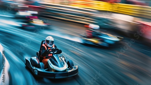 Exciting scene of young drivers racing in go-karts, showcasing speed and competition. Captured in motion, this image highlights the thrill of karting on a dynamic track.