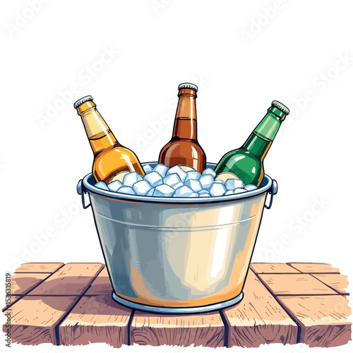 Vsai metal bucket with ice and beer bottles on wooden table