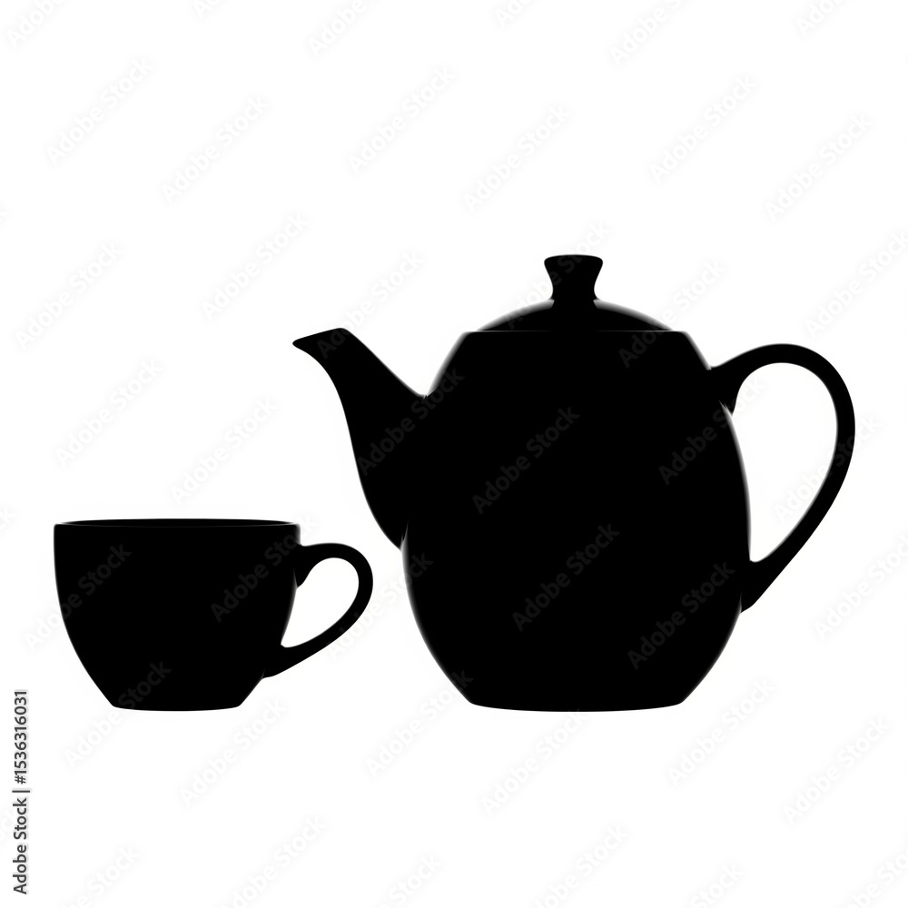 A silhouette of a ceramic teapot and teacups, white background. A silhouette of a ceramic teapot and teacups, white background.