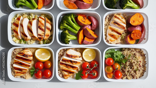 Organized meal prep flat lay with vibrant clean eating ingredients. Balanced portions of lean protein, veggies, and grains under bright lighting.

