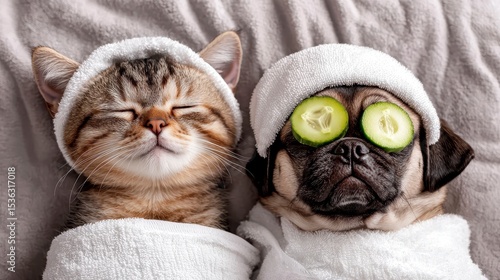 Cute kitten and pug puppy with towel on their heads with cream on their faces and with a pieces of cucumber on their eyes relaxing on the bed at spa salon. Top down view. Empty space for.