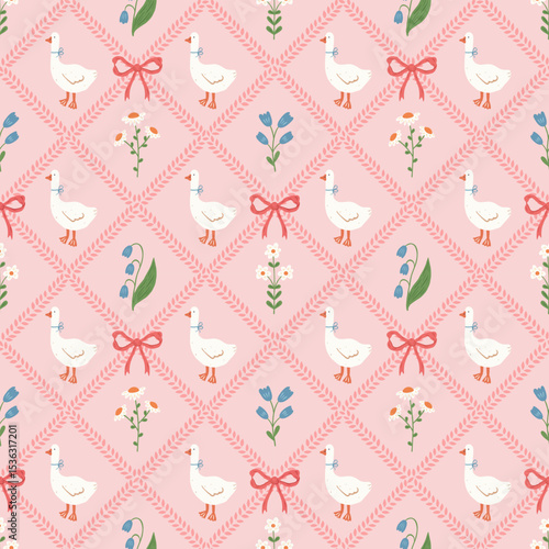 Cute floral seamless pattern with bows, flowers and goose. Preppy spring summer print. Cottagecore aesthetic. Cozy modern background. Vintage damask design for fabric, wallpaper or wrapping paper.