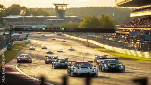 Captivating scene of GT3 race cars in dynamic action on the starting grid, filled with excitement and energy, capturing the thrill of motorsport racing.