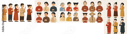 Vector Set People offering incense sticks in traditional clothing