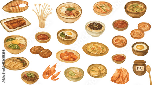 A vibrant collection of traditional Korean dishes, featuring bibimbap, kimchi, grilled salmon, shrimp, fried eggs, tteokbokki, and soups in rustic bowls, showcasing rich colors and textures of authent
