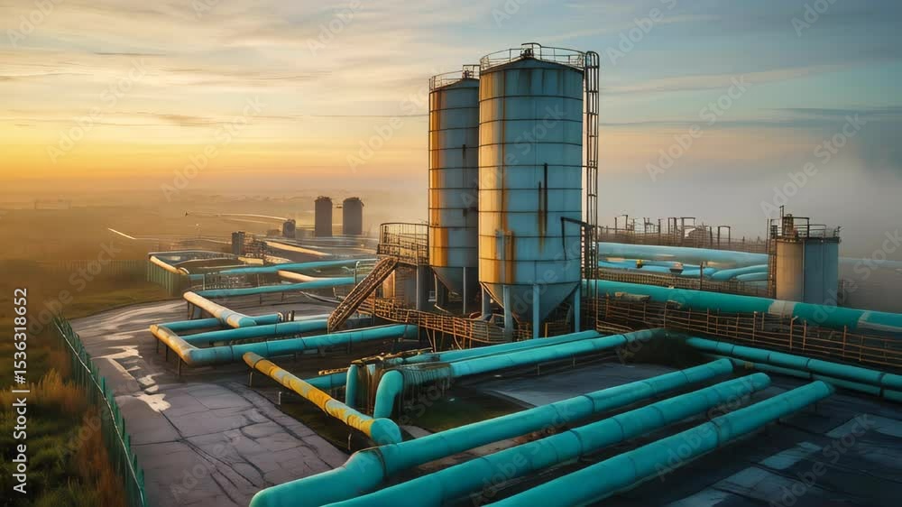 A tranquil sunset scene shows towering industrial silos with ladders ...
