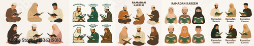 Vector Set Muslims reading Quran Ramadan Kareem religious book