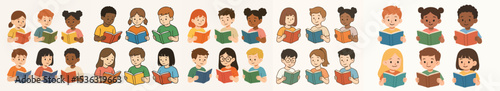 Vector Set Kids reading books school learning education