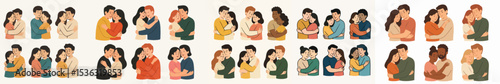 Vector Set Couple hugging simple relationship happy bonding concept