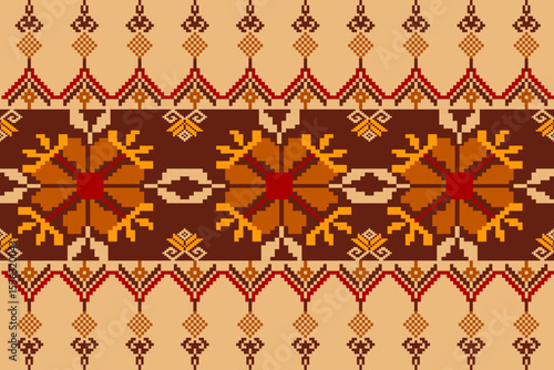 Traditional Ukrainian cross-stitch Detailed vector Illustration for textile printing design, on pixels pastel tones