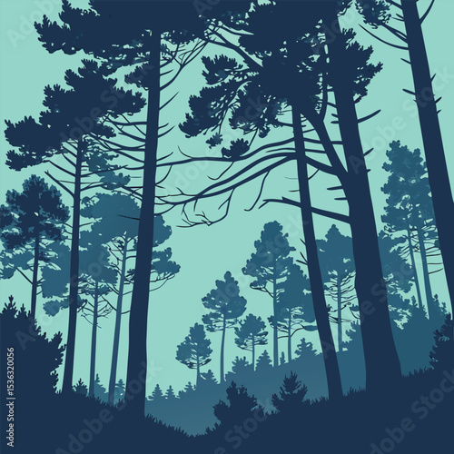 Silhouette of a dense pine forest — dark tree landscape illustration perfect for nature themes, outdoor backgrounds, wilderness artwork, camping visuals, and forestry scenes.
