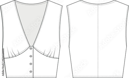 sleeveless v neck buttoned gathered crop cropped blouse top vest bustier template technical drawing flat sketch cad mockup fashion woman design style model 

