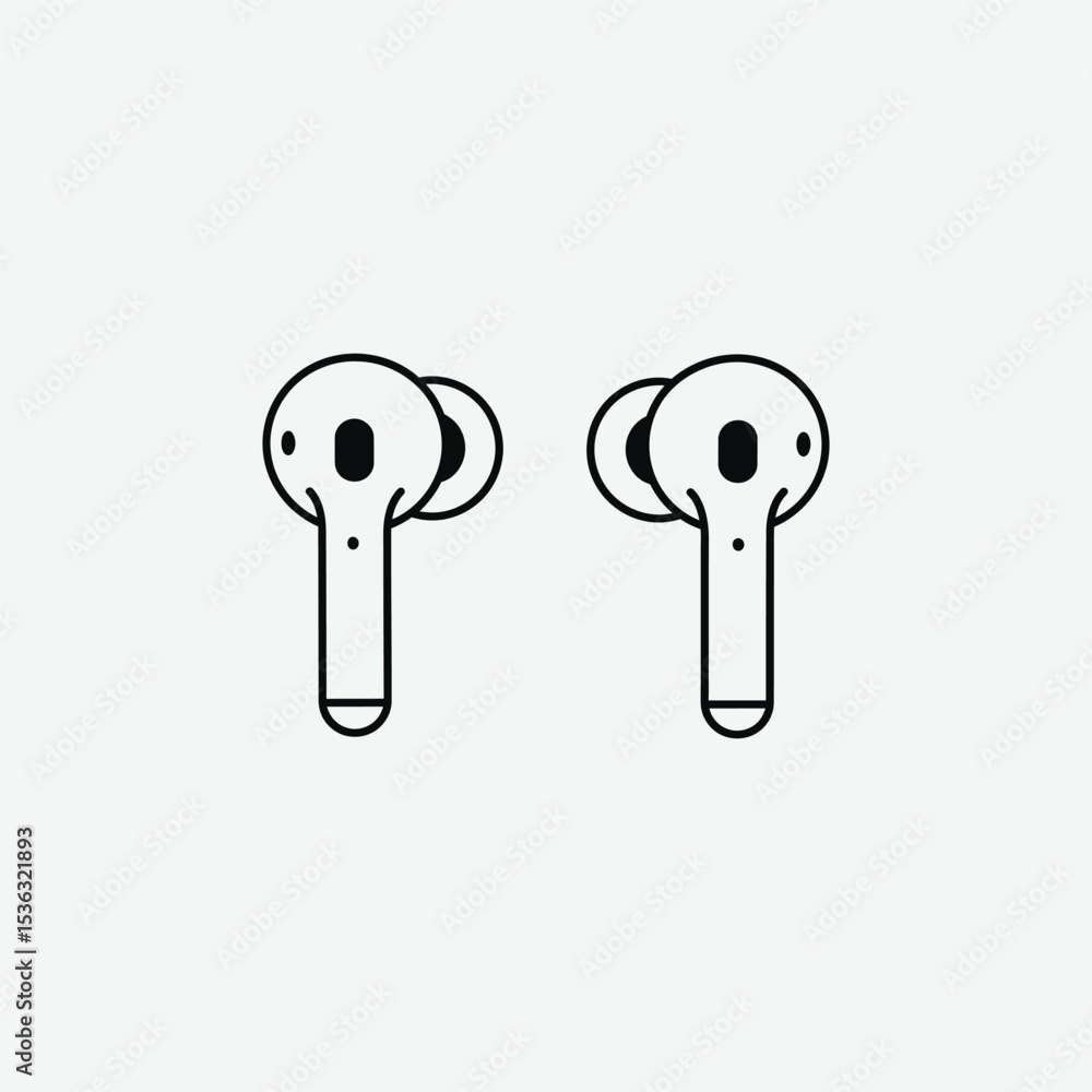 Simple black and white line drawing of wireless earbuds in a minimalist style. Bold outlines, clean design, perfect for tech graphics, icons, or digital illustrations. Simple black and white line drawing of wireless earbuds in a minimalist style. Bold outlines, clean design, perfect for tech graphics, icons, or digital illustrations.