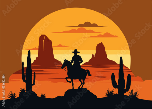 Cowboy silhouette on horse in desert. sunset desert panoramic view with mountain.