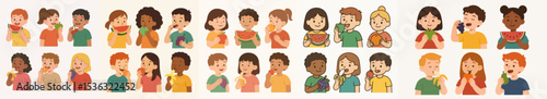 Vector Set Kids eating fresh healthy fruits group