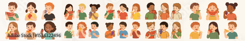 Vector Set Kids eating fresh healthy fruits group