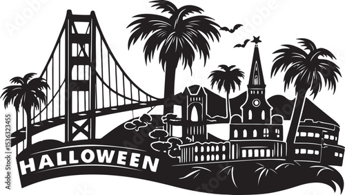 Silhouette of San Francisco and Halloween with Golden Gate Bridge, Palm Trees, and Bats Against a White Background, Halloween Vector Illustration.