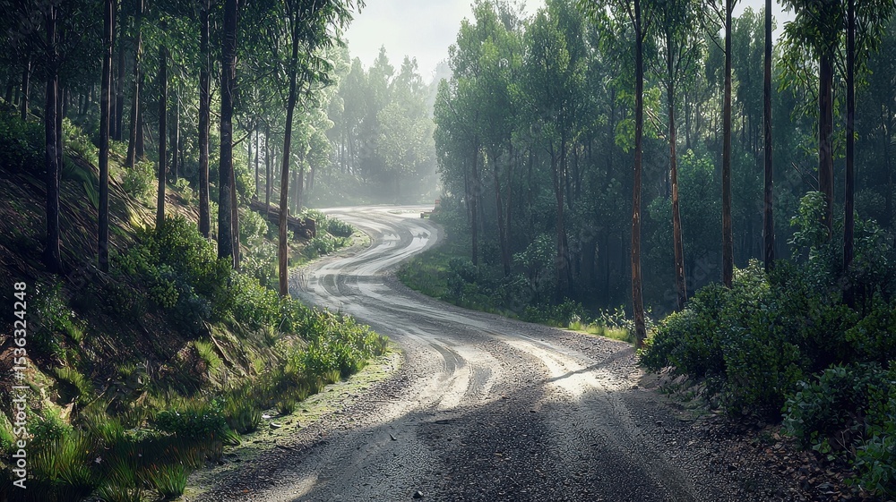 Obraz premium Discover a tranquil gravel track winding through a lush forest. Embrace the serenity of nature with mist and shadows enhancing this scenic landscape.