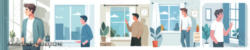 Thoughtful Man by the Window – Calm and Reflective Indoor Vector Illustration Set