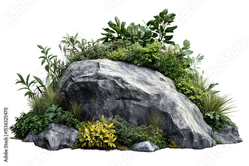Fototapeta Naklejka Na Ścianę i Meble -  High-resolution rugged boulder framed by vibrant tropical foliage, isolated on transparent background PNG ideal for landscape composites, eco-themed branding visuals and botanical graphic design