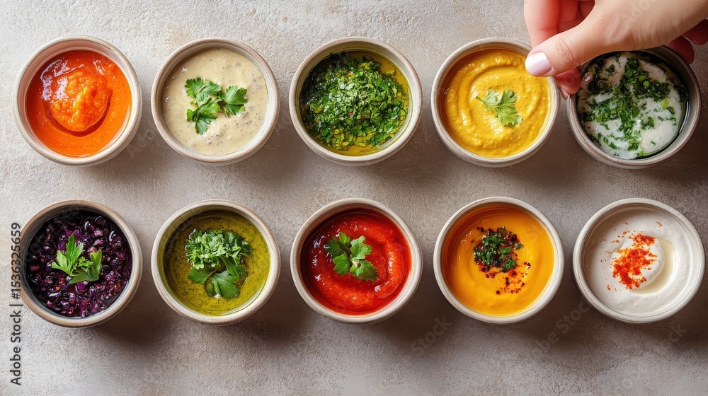 Colorful Dips and Sauces Arrayed in Small Bowls Against a Subtle Neutral Stone Backdrop Colorful Dips and Sauces Arrayed in Small Bowls Against a Subtle Neutral Stone Backdrop