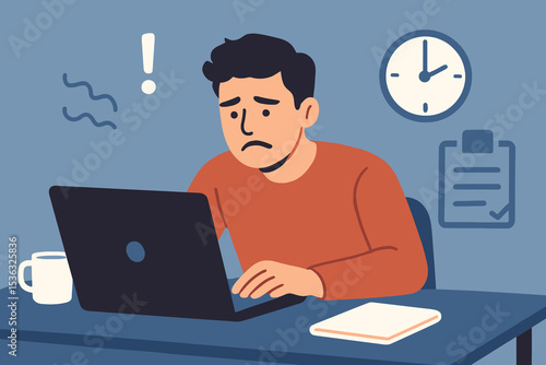 Flat illustration of a frustrated man working on a laptop at his desk