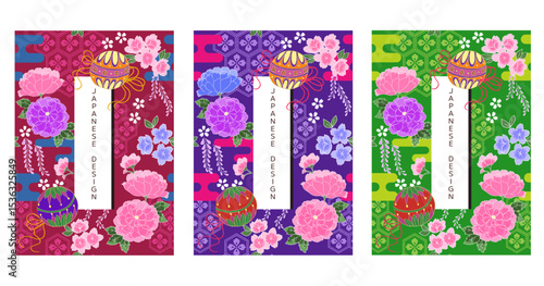 和柄 和風の花と手鞠 ベクター背景素材3色セット（赤・紺・緑）