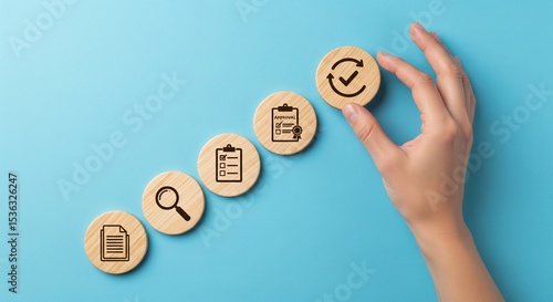  Quality control and certification process concept. A hand places wooden block with checkmark icon in step-by-step symbolizing process of document review, checklist, approval, and quality certificate.