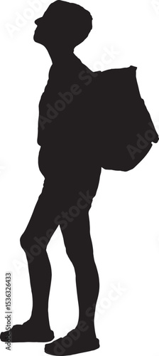 vector; silhouette  back view of a woman showing the sign of the horns with her fingers with two arms raised 
vector; silhouette side view of a female hiker, looking up