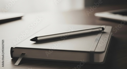 Wallpaper Mural Silver Stylus Resting on a Closed Notebook with a Bookmark on a Wooden Desk Torontodigital.ca