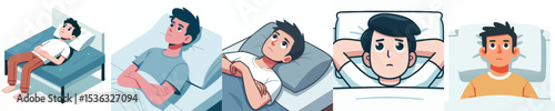Anxious Man Can’t Sleep in Bed – Flat Vector Character Set