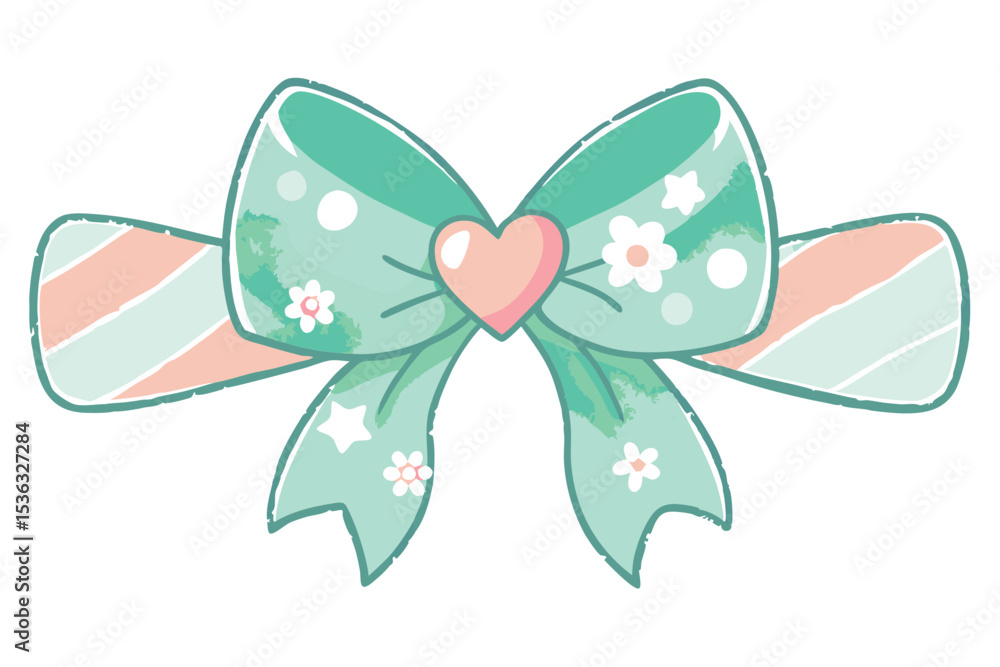 Pretty Pastel Green Bow with Heart and Flowers Cute Illustration Pretty Pastel Green Bow with Heart and Flowers Cute Illustration