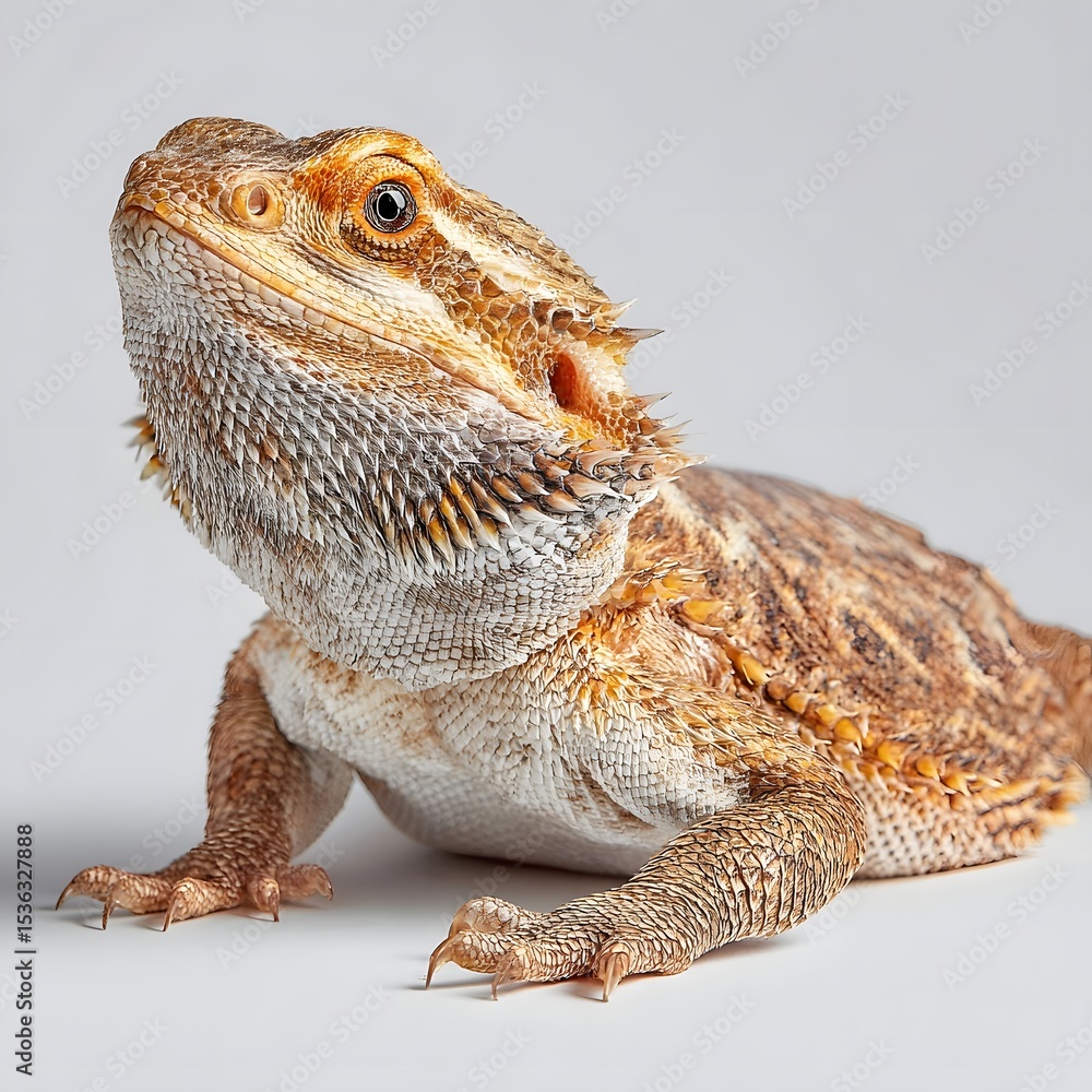 Obraz premium A close-up of a bearded dragon posing confidently against a neutral background, showcasing its vibrant scales