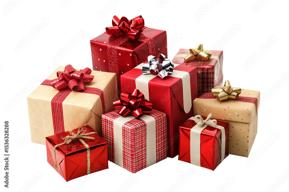 Fototapeta premium Festive Christmas gift boxes with colorful ribbons and wrapping paper isolated on transparent PNG background, high-resolution cutout ideal for holiday greeting cards and seasonal web banners