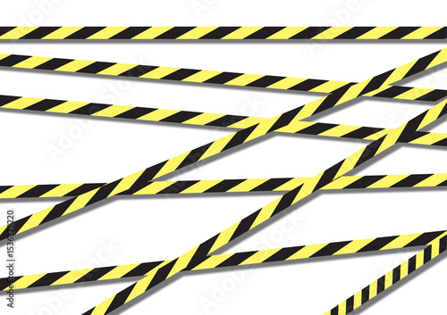 Caution Tape Cross: Abstract image of black and yellow caution tape crisscrossing against a white background. Ideal for graphic design projects, safety-related themes, and warning concepts.
