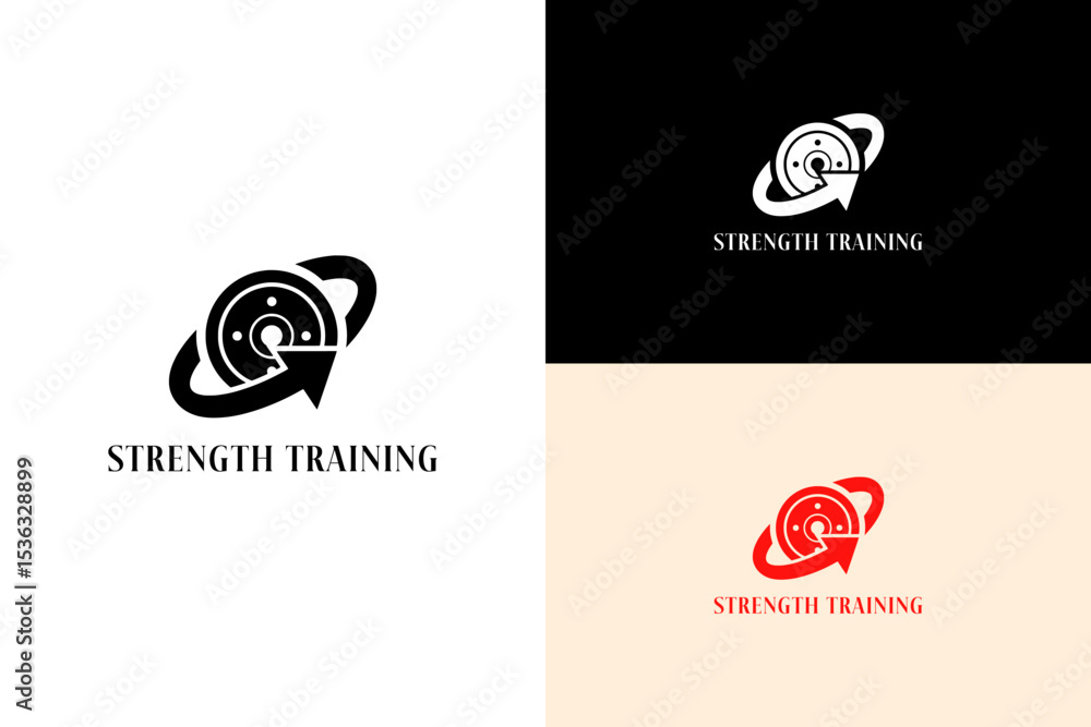 weight plat with arrow wrapping vector illustration, icon, logo for weightlifting, bodybuilding, gym, workout, personal trainer, exercise, health, wellness, strength training, and more weight plat with arrow wrapping vector illustration, icon, logo for weightlifting, bodybuilding, gym, workout, personal trainer, exercise, health, wellness, strength training, and more