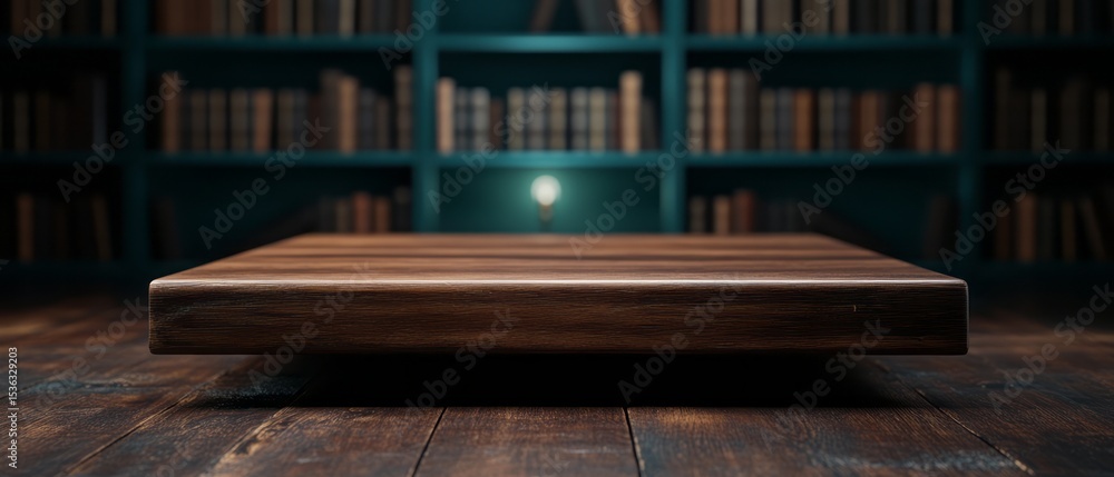 Fototapeta premium Wooden Surface on Table with Bookshelves in Background, Warm Lighting, Cozy Atmosphere