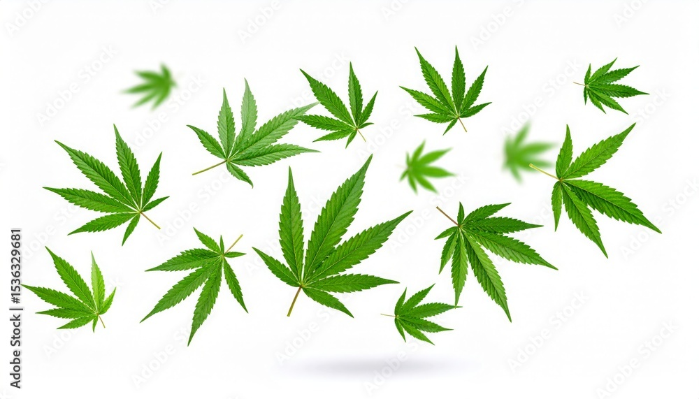 Obraz premium Scattered cannabis leaves float against a white background, casting a soft shadow.