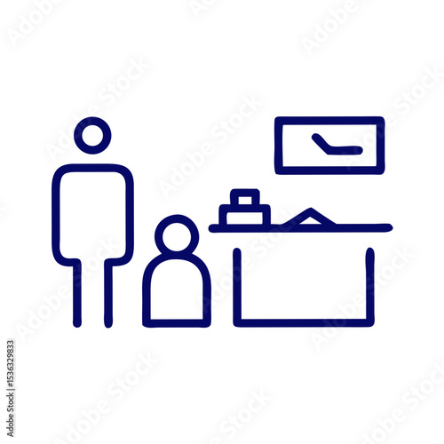 Two people standing in front of an airport reception desk  